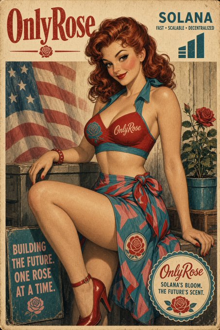 A retro-styled promotional poster for 'OnlyRose' on the 'Solana' blockchain (labeled 'FAST • SCALABLE • DECENTRALIZED') depicting a vintage pin-up style woman with red hair wearing a red and teal outfit, with the slogan 'BUILDING THE FUTURE. ONE ROSE AT A TIME.'