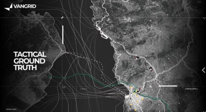 A grayscale tactical map labeled 'VANGRID' features the title 'TACTICAL GROUND TRUTH,' showing a coastal region with dotted lines and markers indicating strategic or navigational data.