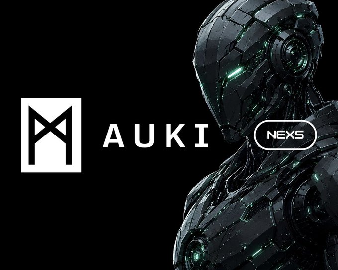 A futuristic humanoid robot is depicted alongside the "AUKI" logo and a "NEXS" badge on a black background, visually reinforcing the post's theme of investing in robotics and AI technologies. The sleek, mechanical figure with glowing green accents symbolizes the advanced AI and spatial computing capabilities highlighted in the tweet.