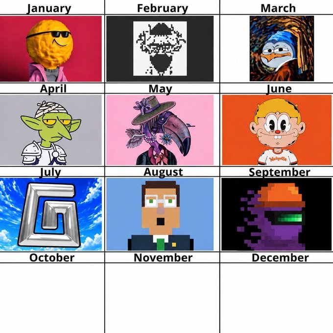 A 3x4 grid calendar of months featuring various pop culture and internet characters, including a sponge with sunglasses (January), a pixelated bearded face (February), a penguin painting (March), a green goblin (April), a plague doctor bird (May), a monkey character (June), a silver 'G' logo (July), a pixelated man (August), and a purple pixelated figure (September).