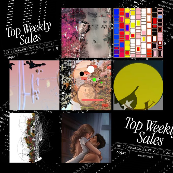 A promotional graphic titled 'Top Weekly Sales' (Sept 29 - Oct 5, 2026) from 'objkt #WEEKLYSALES' showcasing six different NFT artworks.