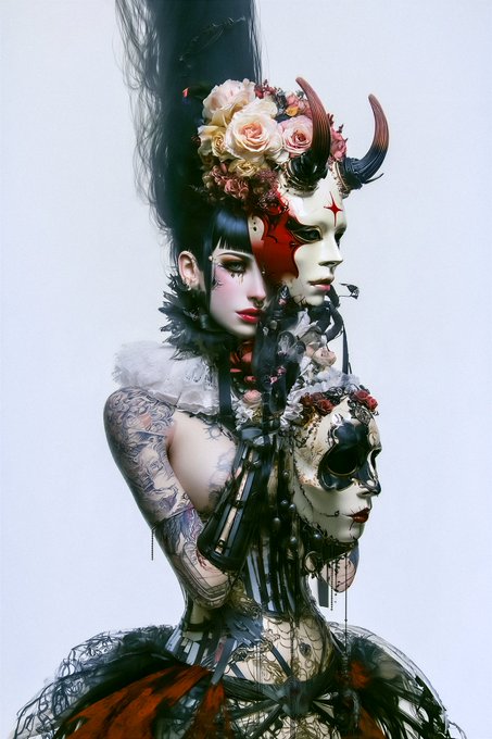 A stylized artistic image features a woman with elaborate gothic makeup, a towering black updo adorned with flowers, and a demonic half-mask, holding an ornate decorative mask.