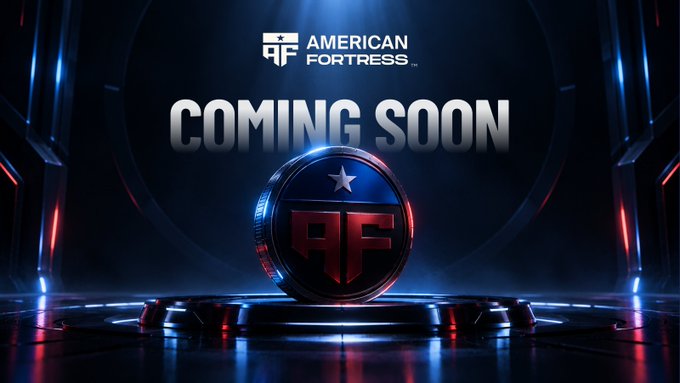 Promotional graphic for 'American Fortress' displaying 'COMING SOON' with an 'AF' coin emblem in a sci-fi styled environment.