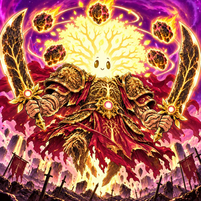 A vibrant fantasy illustration depicting a knight in ornate golden armor with a glowing, tree-like head, holding two flaming swords while surrounded by meteors.