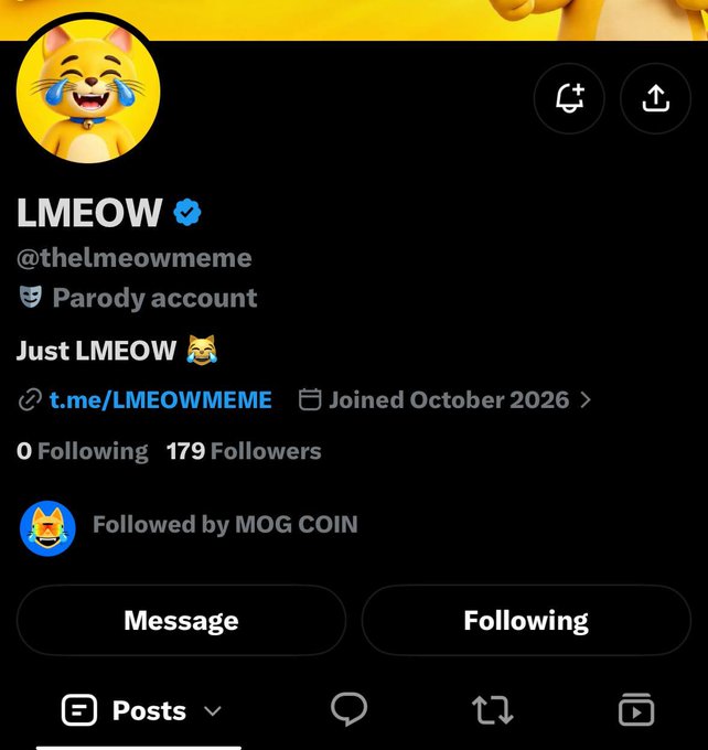 A Twitter/X profile page for 'LMEOW' (@thelmeowmeme), a parody account with 179 followers, showing a laughing cat profile picture.