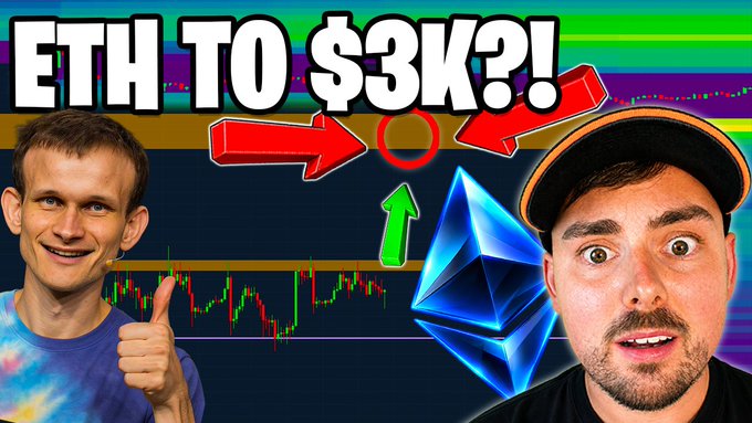 A YouTube-style thumbnail featuring Vitalik Buterin giving a thumbs up alongside another man, with the headline 'ETH TO $3K?!' over an Ethereum price chart and Ethereum logo.