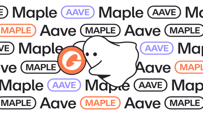 Graphic design featuring repeating 'Maple' and 'Aave' text logos in black, purple, and orange, overlaid with a cartoon ghost mascot holding an orange coin.