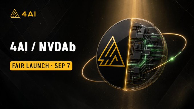A sleek promotional graphic announces the "4AI / NVDAb FAIR LAUNCH · SEP 7" in bold white and yellow text on a black background, featuring the 4AI logo—a stylized golden triangle—displayed on a futuristic orb with glowing circuitry, visually reinforcing the post's message of a community-focused crypto launch where 10% of $4AI tokens are airdropped to SOONX holders, 20% to testnet users, and 0% allocated to the team.