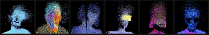 The image features five different faces, each with unique colors and styles, arranged vertically against a gray background. The faces are not static but rather animated, giving them a lively and dynamic appearance. The caption below the image provides context about the artist's inspiration for creating this collection of PFPs.