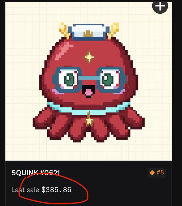 A pixel art NFT titled "SQUINK #0521" featuring a cute red octopus character wearing glasses and a sailor hat is displayed with a last sale price of $385.86 circled in red, indicating a significant purchase. The image relates to the post by showing what appears to be a "big buy" example of this NFT, with the circled price highlighting the notable transaction amount.