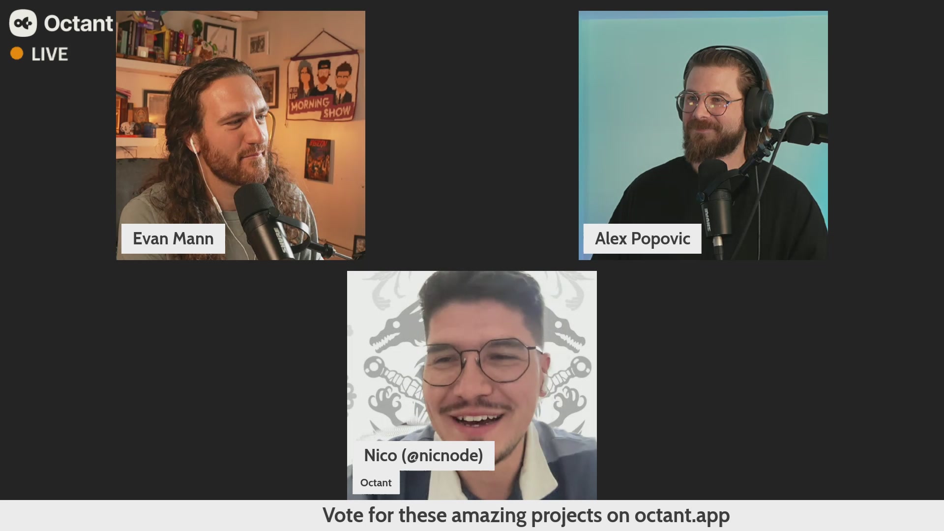 The image shows a computer screen displaying three different photos of men with microphones, each wearing glasses and smiling at the camera. The text below the images reads "Vote for these amazing projects on octantapp". This suggests that there might be an event or competition related to quadratic funding taking place in the image's context.