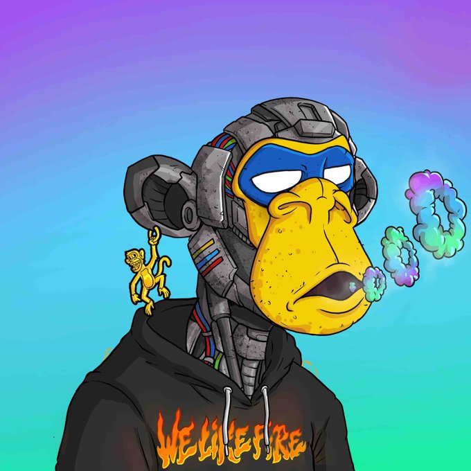 A cartoon illustration of a cyborg or robot monkey character wearing a helmet, smoking a cigar with rainbow smoke rings, wearing a black hoodie that says 'WE LIKE FIRE'.