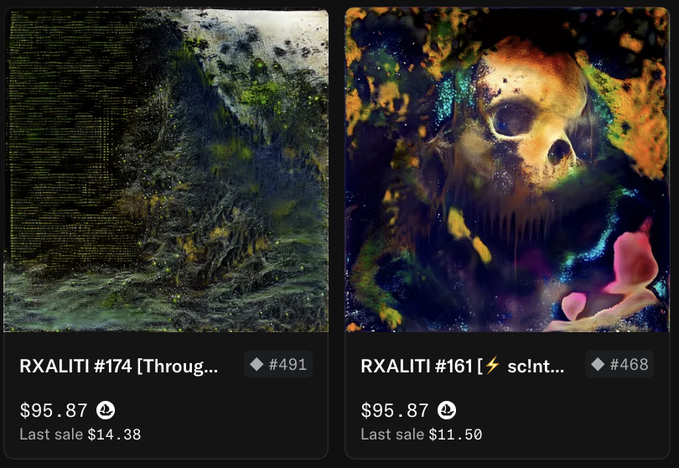 Two NFT artwork listings displayed side by side: 'RXALITI #174 [Throug...]' priced at $95.87 (last sale $14.38) showing a mossy landscape, and 'RXALITI #161 ⚡ scInt...' priced at $95.87 (last sale $11.50) featuring a skull with colorful paint splatters.