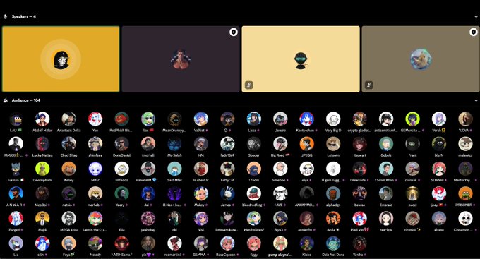 A Discord interface shows four active speakers at the top and a large audience of 104 users listed below with their profile pictures and usernames.