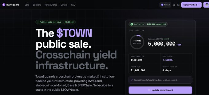 The image shows a webpage for TownSquare's "$TOWN public sale," featuring details like a $100,000 commitment, a 7.5% allocation (estimated 5,000,000 $TOWN), a $1,000,000 round size, and a countdown timer reading "03:00:42." It connects to the post by illustrating the platform behind the $TOWN public sale being discussed, highlighting key sale metrics such as the $1 million allocation and the week-long sale period.
