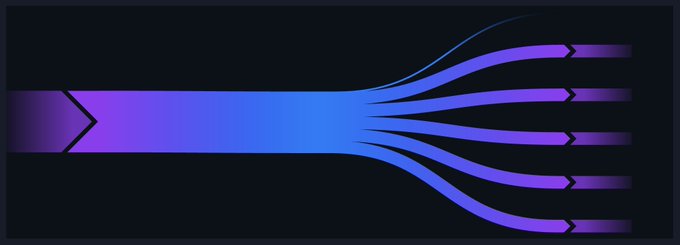 An abstract digital graphic with flowing blue and purple curved lines emerging from a hexagonal shape against a black background.