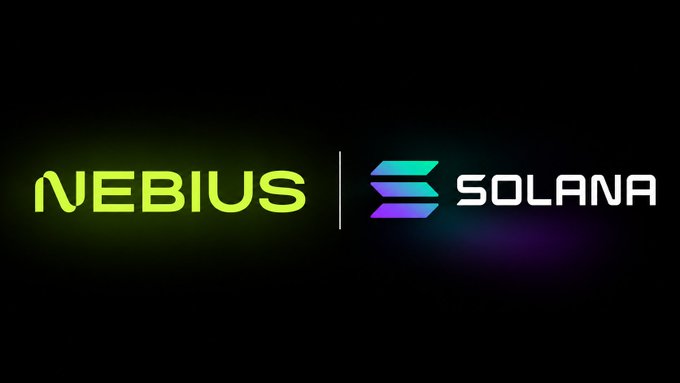 The image displays the Nebius and Solana logos side-by-side against a black background, with "NEBIUS" in glowing green on the left and the multicolored Solana logo with "SOLANA" in white on the right, separated by a vertical divider—visually representing the partnership announcement of Nebius ($NBIS) launching on the Solana blockchain.