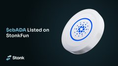 An advertisement announcing that "$cbADA Listed on StonkFun" featuring a 3D rendering of the Cardano logo alongside the Stonk brand.