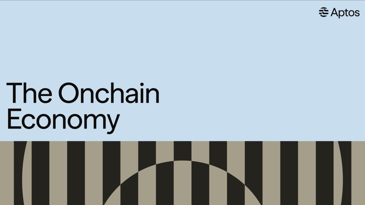 The image is a title card reading "The Onchain Economy" with the Aptos logo in the top right corner, set against a light blue background with a stylized barcode design at the bottom. It serves as a branded visual for the Aptos discussion about building the infrastructure for trading, payroll, and payments to operate onchain at global scale.