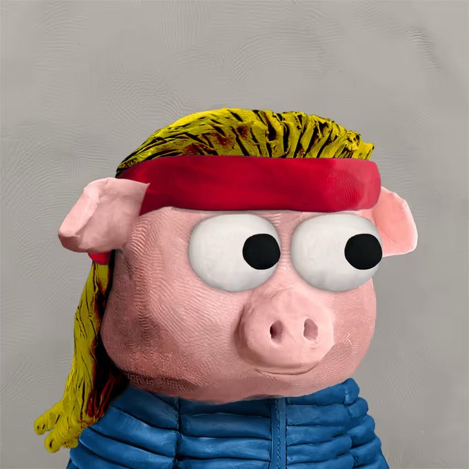A 3D-rendered figurine of a pink pig character with large googly eyes, a red headband, and yellow dreadlock-like hair, wearing a blue puffer jacket.