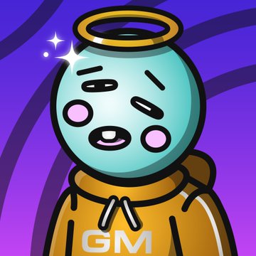 A cartoon-style illustration of a blue character wearing an orange hoodie with 'GM' written on it and a halo above its head, set against a purple swirled background.