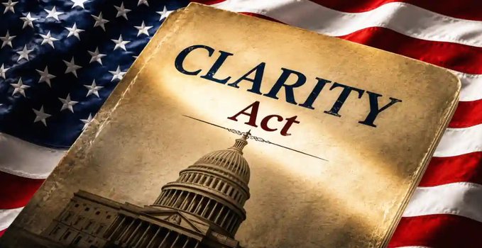 A weathered book titled "CLARITY Act" rests against a backdrop of the American flag, symbolizing the proposed legislation's pivotal role in shaping U.S. crypto policy. The image's vintage aesthetic and Capitol dome illustration reinforce the post's urgent message that delaying this bill could stall meaningful crypto regulation until 2030.
