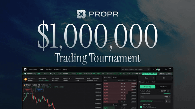 The image promotes "PROPR's $1,000,000 Trading Tournament" and displays their trading dashboard interface featuring markets like "XOM Challenge" and "Bitcoin - USD Coinbase" with options like "Buy/Long" and "Sell/Short" visible. The graphic visually supports the post's narrative about Propr being an API-first trading platform designed for both human and AI agent traders, highlighting the scale of their trading volume that generated $1M in fees.