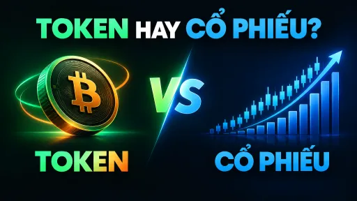 A graphic comparing tokens versus stocks, with Vietnamese text reading 'TOKEN HAY CỔ PHIẾU?' (Token or Stocks?), featuring a Bitcoin coin on the left and a rising bar chart on the right.