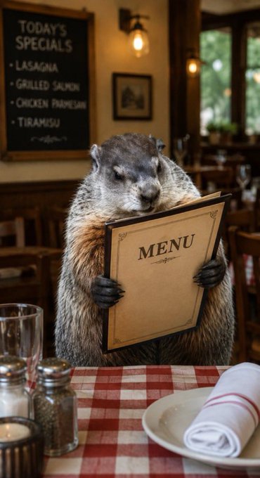 AI-generated image of a groundhog sitting at a restaurant table holding a menu, with a chalkboard listing 'TODAY'S SPECIALS' including Lasagna, Grilled Salmon, Chicken Parmesan, and Tiramisu.