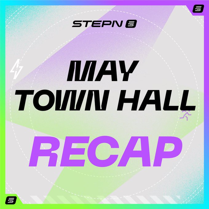 The image features a poster that says "May Town Hall Recap" written in purple letters. The poster has a colorful background with various shapes and designs, including a rainbow-colored circle and a lightning bolt. The text "may" and "town hall" are prominently displayed at the top of the poster, while "recap" is located below it. The overall design and layout of the poster suggest that it might be related to an event or gathering taking place in town hall.