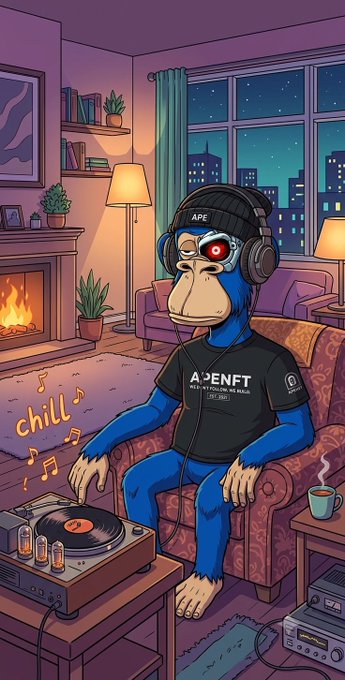 A digital illustration of a blue ape character wearing a beanie, headphones, and an 'APENET' t-shirt, sitting in a cozy room with a fireplace, listening to music on a turntable.