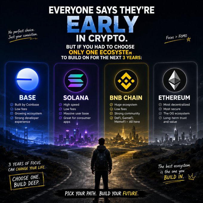 A motivational graphic featuring a silhouetted figure at a crossroads choosing between four crypto ecosystems—Base, Solana, BNB Chain, and Ethereum—with their key strengths listed and the tagline "PICK YOUR PATH. BUILD YOUR FUTURE." The image visually reinforces the post's question about which single ecosystem to commit to building on for the next three years.