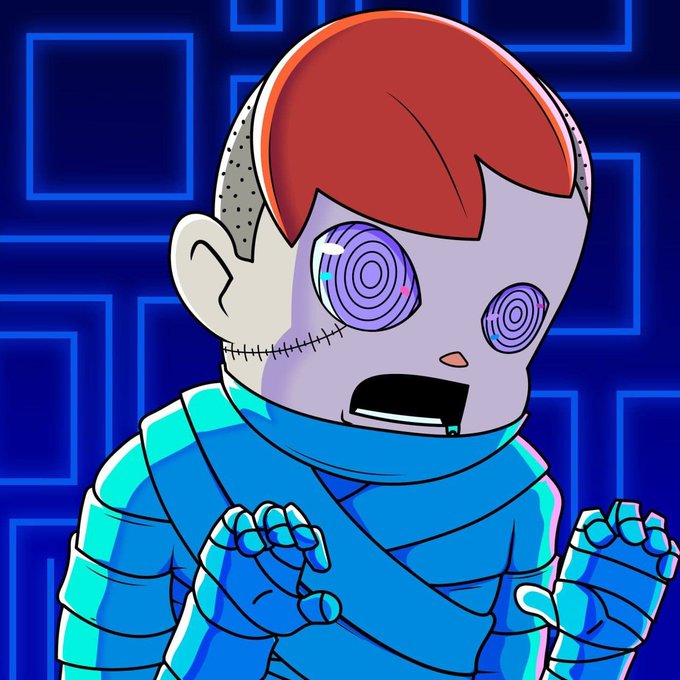 A cartoon illustration depicts a character with pale skin, orange hair, and spiral hypnotic eyes, wearing a blue outfit with bandaged hands, set against a blue grid background.