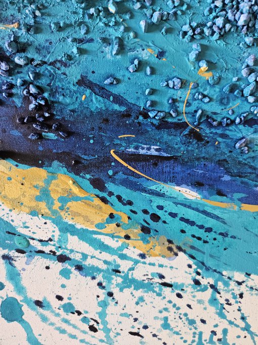 An abstract textured painting features bold splashes of turquoise, blue, white, and gold paint with dark accents.