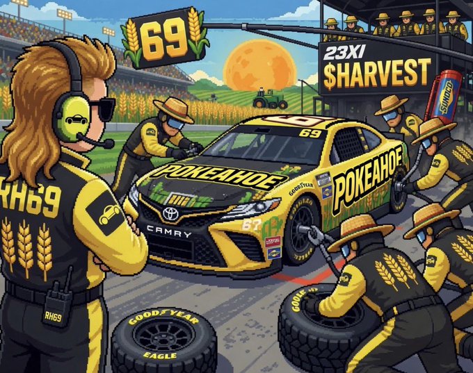 An AI-generated cartoon scene of a NASCAR pit stop featuring a yellow and black #69 car sponsored by 'POKEAHOE' during a '23XI HARVEST' race, with crew members in cowboy hats performing tire service on Goodyear Eagle tires.