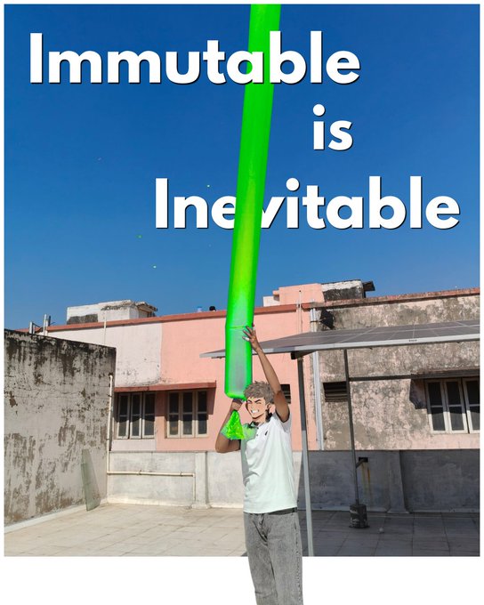 The image features a person standing next to a green inflatable balloon that reads "immutable is inevitable" above them, with the word "immutable" written in white letters. The person appears to be holding onto the balloon or playing with it on a rooftop.