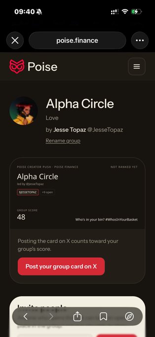 A mobile screenshot of the Poise app showing the 'Alpha Circle' group led by Jesse Topaz (@JesseTopaz) with a group score of 48.