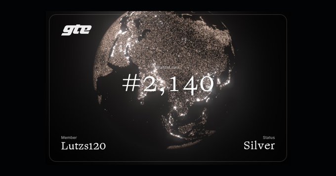 Dark digital card featuring an illuminated Earth globe, the 'gte' logo, the number '#2,140', member name 'Lutzs120', and a 'Silver' status badge.