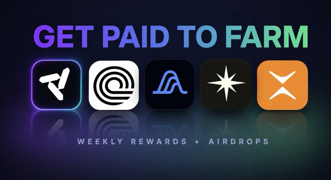 Promotional graphic titled "GET PAID TO FARM" featuring five app icons, with text "WEEKLY REWARDS + AIRDROPS" highlighting airdrop farming opportunities across platforms like Nado, Ondo, Phoenix, Variational, and BulkTrade as detailed in the caption.