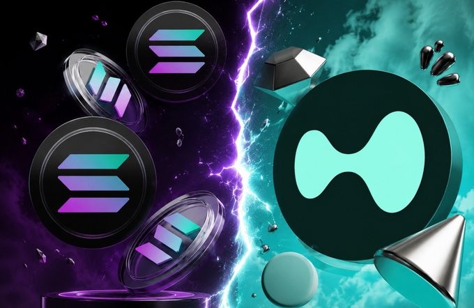 A digital artwork depicting a cosmic split between Solana coins on a purple stormy side and Hyperliquid's logo on a teal cloudy side, divided by a crackling lightning bolt.