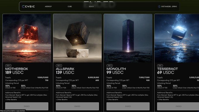 A dark-themed NFT minting platform interface called 'CVSIC' displaying four available items: MOTHERBOX, ALLSPARK, MONOLITH, and TESSERACT, each priced between 69-189 USDC with supply counts and yield percentages.