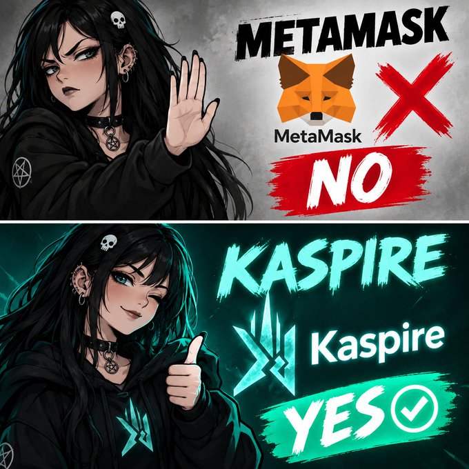 Two-panel crypto-themed illustration showing 'METAMASK NO X' on top with a reject gesture, and 'KASPIRE YES ✓' on the bottom with a thumbs up.