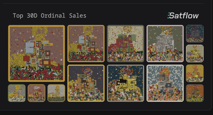 A Satflow graphic displays the "Top 30D Ordinal Sales" featuring colorful, mosaic-style digital artwork tiles arranged in a grid against a dark background. The post references acquiring specific floraforms ordinals #7164 and #399, which align with the floral and botanical themes visible in the artwork collection.