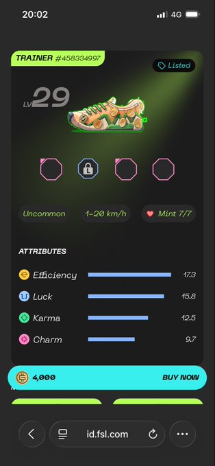 A mobile NFT marketplace listing for a 'TRAINER' sneaker NFT (#458334997), Uncommon tier, level 29, priced at 4,000 with attributes for Efficiency, Luck, Karma, and Charm.