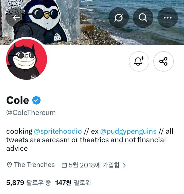 A Twitter profile page for verified user 'Cole' (@ColeThereum) with a penguin avatar, bio stating 'cooking @spritehoodio // ex @pudgypenguins', showing 5,879 followers and 147 following.