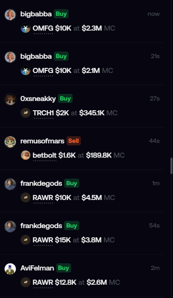 The image shows a real-time crypto trading feed with multiple users (bigbabba, Oxsneakyy, remusofmars, frankdegods, AviFelman) executing large Buy and Sell orders on tokens like OMFG ($2.1M-$2.3M MC), TRCH ($345.1K MC), betbolt ($189.8K MC), and RAWR ($2.6M-$4.5M MC). These high-value, rapid-fire trades illustrate the active "metadao szn" sentiment, showcasing significant capital flowing into trending tokens.