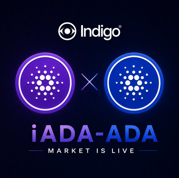 A promotional graphic on a dark blue background displays the 'Indigo' logo at the top, featuring two crypto tokens (ADA purple and ADA blue) with a cross symbol between them and the text 'iADA-ADA MARKET IS LIVE' below.