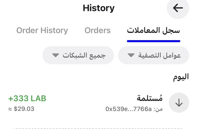 A crypto transaction history screen in Arabic showing a received transfer of +333 LAB (~$29.03) today.
