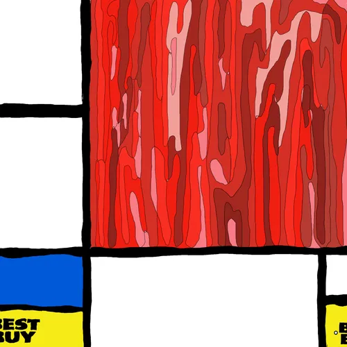 An abstract Mondrian-style artwork featuring a red dripping section with blue and yellow blocks containing partial text 'EST BUY' and 'B EA'.