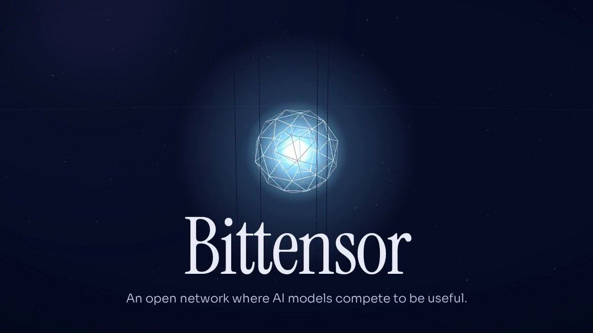 Promotional graphic for 'Bittensor' featuring a glowing blue geometric sphere with the tagline 'An open network where AI models compete to be useful.'